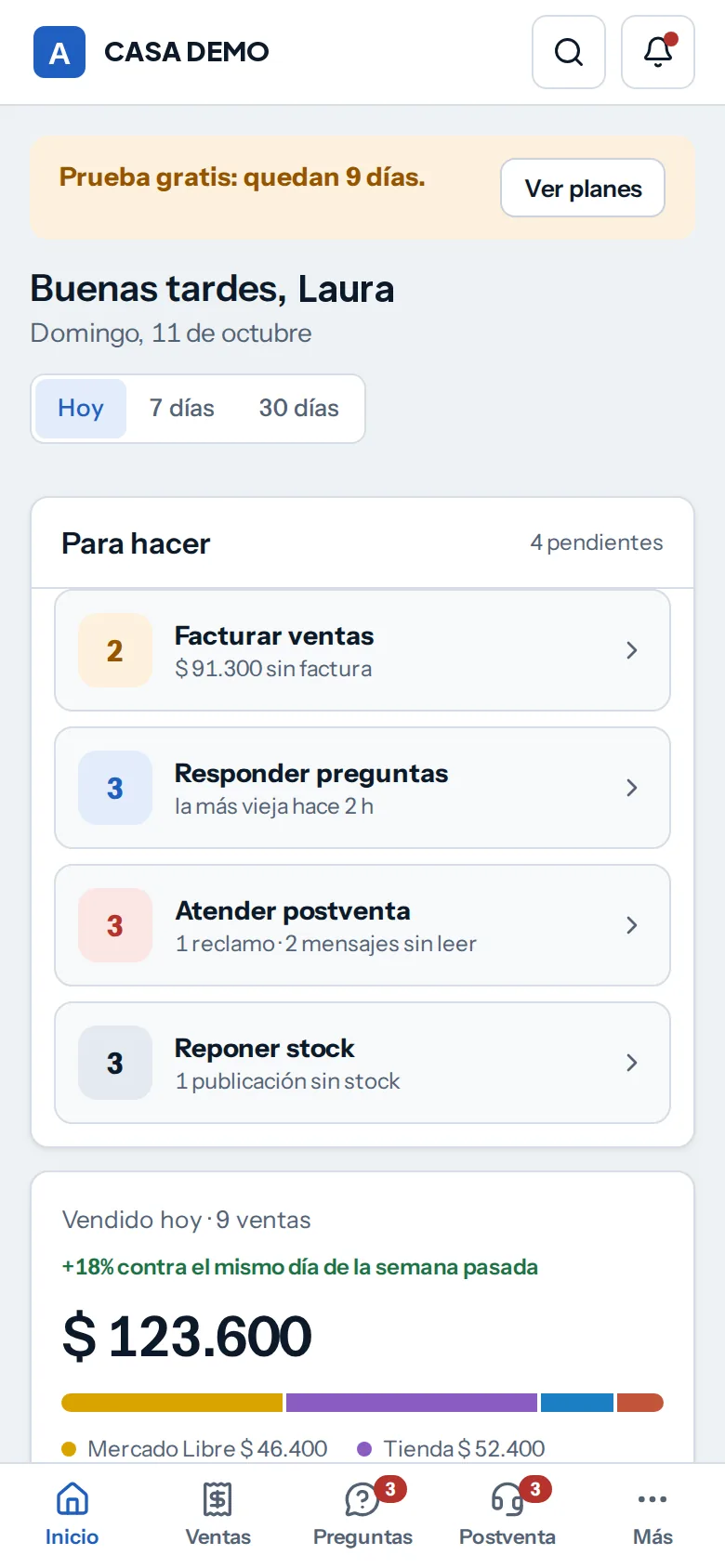 El panel en el celular: ventas para facturar, preguntas, postventa y stock para reponer
