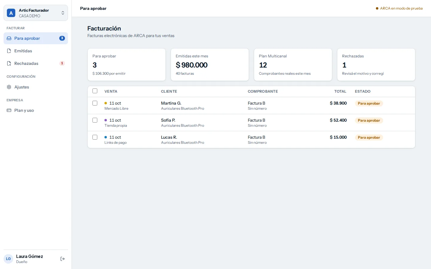 Facturador: ventas de Mercado Libre, la tienda y Mercado Pago listas para aprobar y emitir con ARCA