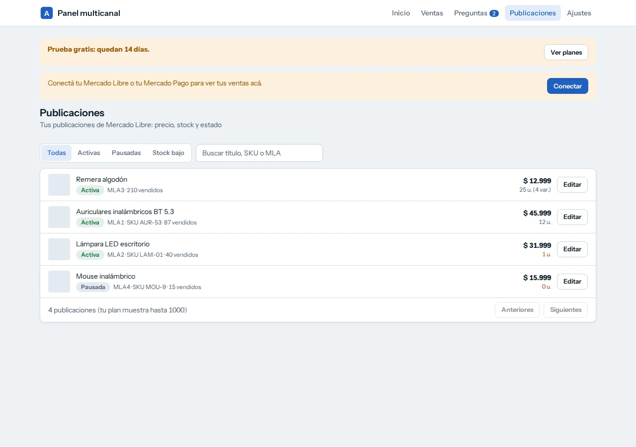 Publicaciones de Mercado Libre con precio, stock y estado